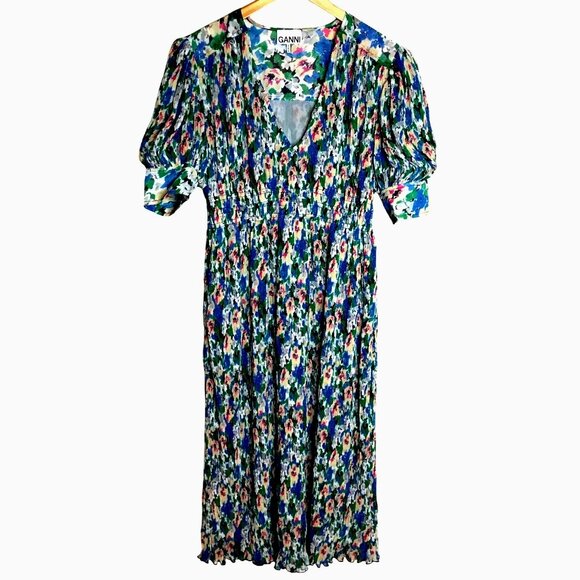 GANNI Pleated Georgette Midi Dress Puff Sleeves Smocked Floral Azure Blue NWT 4 - Picture 1 of 13